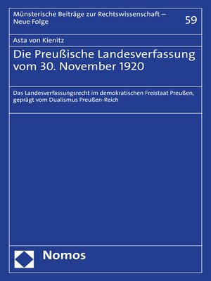 cover image of Die Preußische Landesverfassung vom 30. November 1920